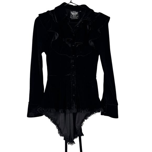 Killstar Weirdos Women's Black Collared Ruffe Long Sleeve Hi Low Shirt XS - Picture 3 of 10
